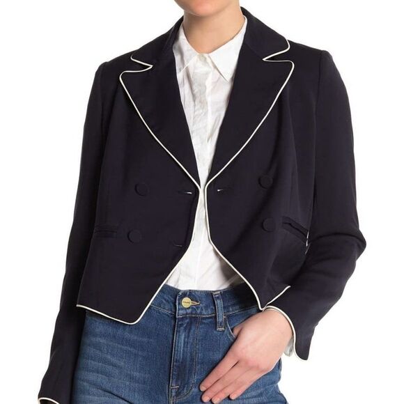 FRAME Contrast Piping Cropped Blazer sz 6 in Navy - Picture 2 of 12